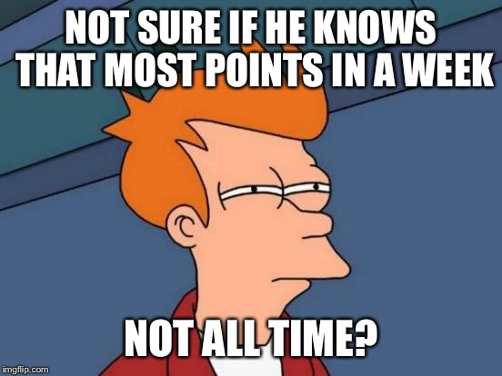 Futurama Fry Meme | NOT SURE IF HE KNOWS THAT MOST POINTS IN A WEEK NOT ALL TIME? | image tagged in memes,futurama fry | made w/ Imgflip meme maker