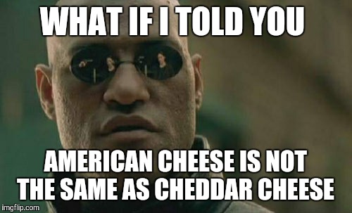 It's a little more milkier and lighter in color  | WHAT IF I TOLD YOU; AMERICAN CHEESE IS NOT THE SAME AS CHEDDAR CHEESE | image tagged in memes,matrix morpheus,cheese,american cheese,cheddar,dairy | made w/ Imgflip meme maker