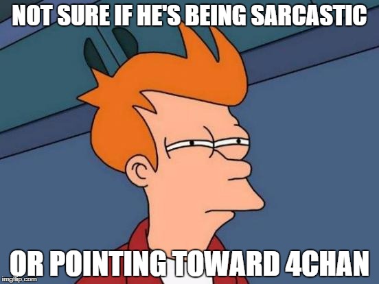 Futurama Fry Meme | NOT SURE IF HE'S BEING SARCASTIC OR POINTING TOWARD 4CHAN | image tagged in memes,futurama fry | made w/ Imgflip meme maker