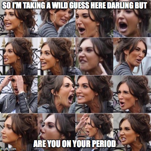 Period girl  | SO I'M TAKING A WILD GUESS HERE DARLING BUT; ARE YOU ON YOUR PERIOD | image tagged in mad girl,period | made w/ Imgflip meme maker