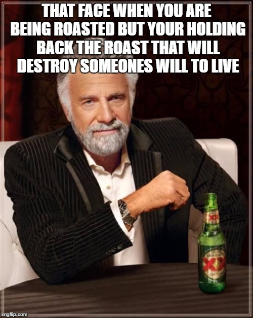 The Most Interesting Man In The World Meme | THAT FACE WHEN YOU ARE BEING ROASTED BUT YOUR HOLDING BACK THE ROAST THAT WILL DESTROY SOMEONES WILL TO LIVE | image tagged in memes,the most interesting man in the world | made w/ Imgflip meme maker