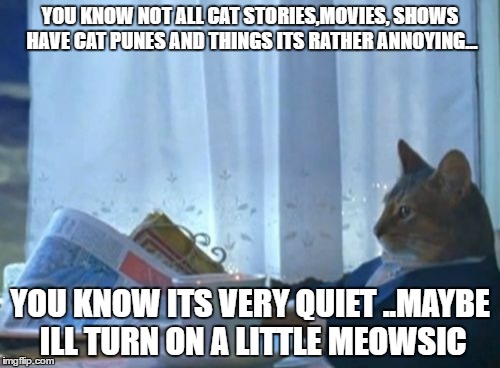 I Should Buy A Boat Cat Meme | YOU KNOW NOT ALL CAT STORIES,MOVIES, SHOWS HAVE CAT PUNES AND THINGS ITS RATHER ANNOYING... YOU KNOW ITS VERY QUIET ..MAYBE ILL TURN ON A LITTLE MEOWSIC | image tagged in memes,i should buy a boat cat | made w/ Imgflip meme maker