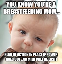 Skeptical Baby | YOU KNOW YOU'RE A BREASTFEEDING MOM... PLAN OF ACTION IN PLACE IF POWER GOES OUT...NO MILK WILL BE LOST! | image tagged in memes,skeptical baby | made w/ Imgflip meme maker