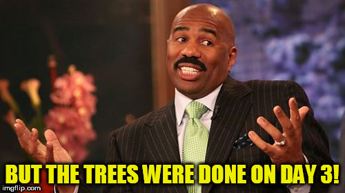 Steve Harvey Meme | BUT THE TREES WERE DONE ON DAY 3! | image tagged in memes,steve harvey | made w/ Imgflip meme maker