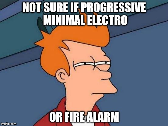 Futurama Fry Meme | NOT SURE IF PROGRESSIVE MINIMAL ELECTRO; OR FIRE ALARM | image tagged in memes,futurama fry | made w/ Imgflip meme maker