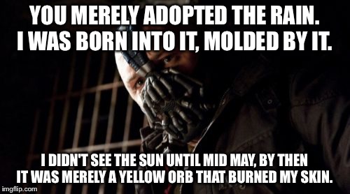 Permission Bane Meme | YOU MERELY ADOPTED THE RAIN. I WAS BORN INTO IT, MOLDED BY IT. I DIDN'T SEE THE SUN UNTIL MID MAY, BY THEN IT WAS MERELY A YELLOW ORB THAT BURNED MY SKIN. | image tagged in memes,permission bane | made w/ Imgflip meme maker