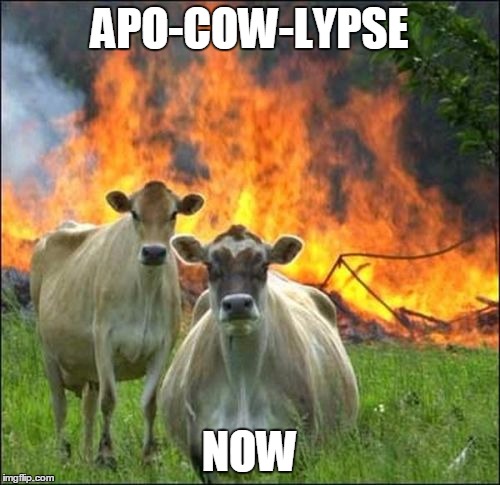 Evil Cows Meme | APO-COW-LYPSE; NOW | image tagged in memes,evil cows | made w/ Imgflip meme maker