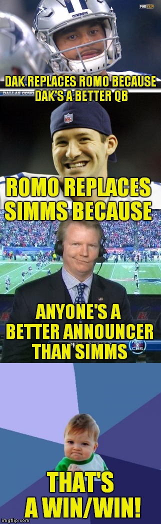 Buh-bye Phil! | DAK REPLACES ROMO BECAUSE DAK'S A BETTER QB; ROMO REPLACES SIMMS BECAUSE; ANYONE'S A BETTER ANNOUNCER THAN SIMMS; THAT'S A WIN/WIN! | image tagged in dak prescott,tony romo,phil simms | made w/ Imgflip meme maker