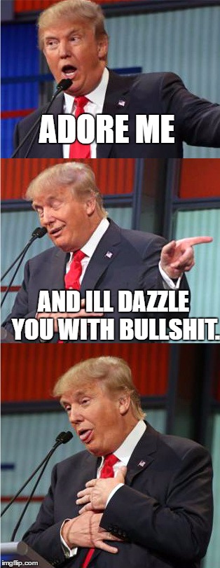 Bad Pun Trump | ADORE ME; AND ILL DAZZLE YOU WITH BULLSHIT. | image tagged in bad pun trump | made w/ Imgflip meme maker