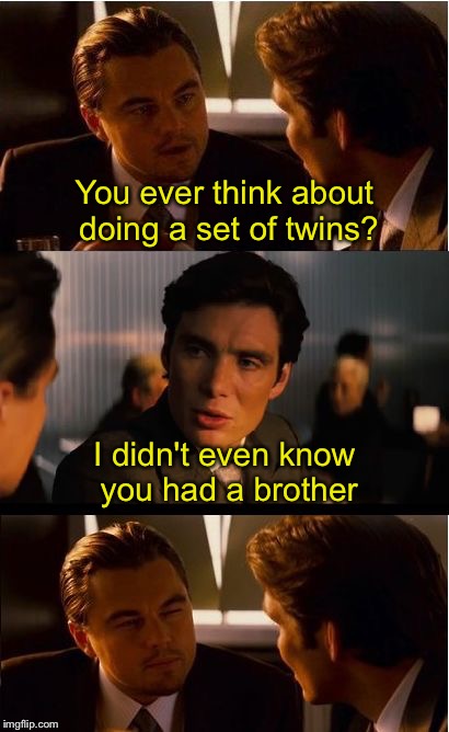 Inception | You ever think about doing a set of twins? I didn't even know you had a brother | image tagged in memes,inception | made w/ Imgflip meme maker