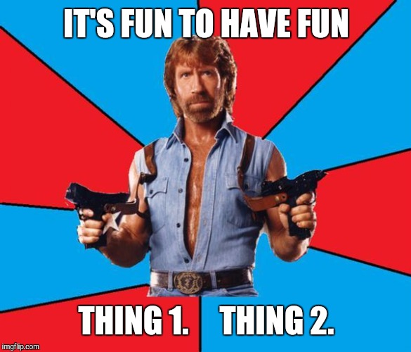 Chuck Norris and Friends | IT'S FUN TO HAVE FUN; THING 1.     THING 2. | image tagged in chuck norris with guns,chuck norris,gun rights,cat in the hat,two things are certain,my friends and i be like | made w/ Imgflip meme maker