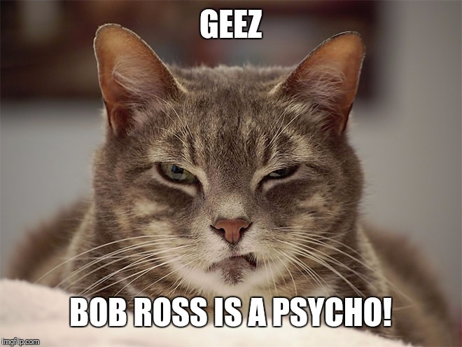 Sarcasm Cat | GEEZ BOB ROSS IS A PSYCHO! | image tagged in sarcasm cat | made w/ Imgflip meme maker