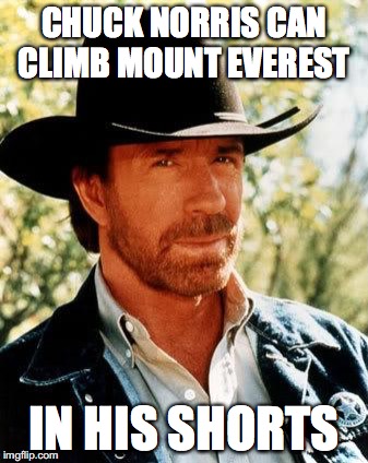 Chuck Norris | CHUCK NORRIS CAN CLIMB MOUNT EVEREST; IN HIS SHORTS | image tagged in memes,chuck norris | made w/ Imgflip meme maker