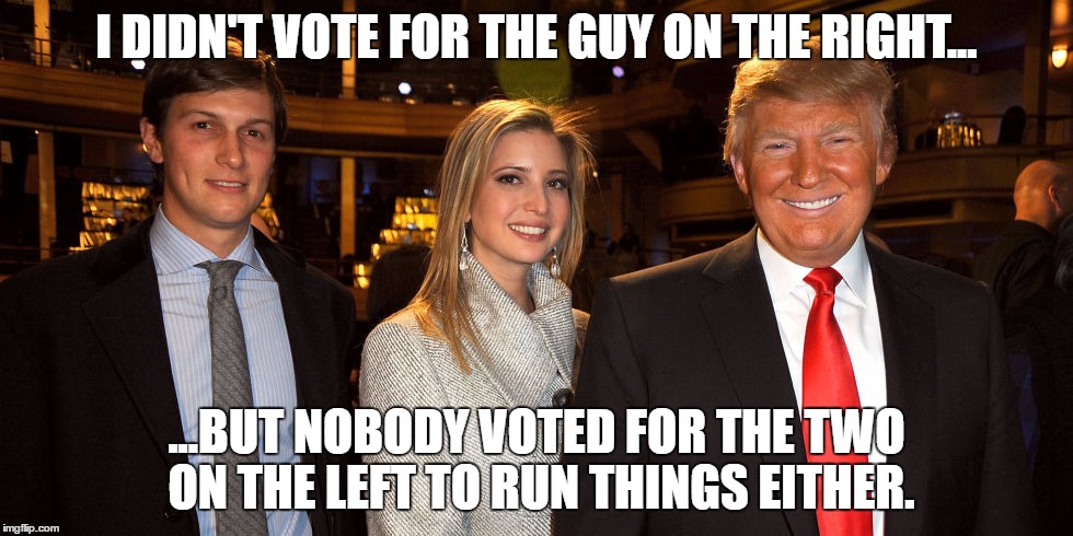 Trump Family Rule | I DIDN'T VOTE FOR THE GUY ON THE RIGHT... ...BUT NOBODY VOTED FOR THE TWO ON THE LEFT TO RUN THINGS EITHER. | image tagged in ivanka,jared kushner,donald trump,president,vote,election | made w/ Imgflip meme maker