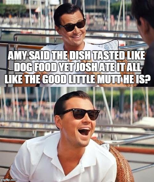 Leonardo Dicaprio Wolf Of Wall Street Meme | AMY SAID THE DISH TASTED LIKE DOG FOOD YET JOSH ATE IT ALL LIKE THE GOOD LITTLE MUTT HE IS? | image tagged in memes,leonardo dicaprio wolf of wall street | made w/ Imgflip meme maker