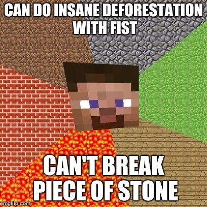 Minecraft Steve | CAN DO INSANE DEFORESTATION WITH FIST; CAN'T BREAK PIECE OF STONE | image tagged in minecraft steve | made w/ Imgflip meme maker