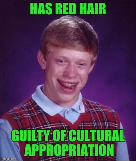 It's getting that stupid | HAS RED HAIR; GUILTY OF CULTURAL APPROPRIATION | image tagged in memes,bad luck brian | made w/ Imgflip meme maker