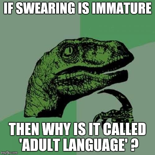 Meme Attempt #2!!! | IF SWEARING IS IMMATURE; THEN WHY IS IT CALLED 'ADULT LANGUAGE' ? | image tagged in memes,philosoraptor | made w/ Imgflip meme maker