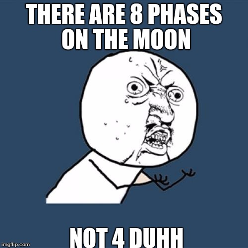 Y U No Meme | THERE ARE 8 PHASES ON THE MOON; NOT 4 DUHH | image tagged in memes,y u no | made w/ Imgflip meme maker