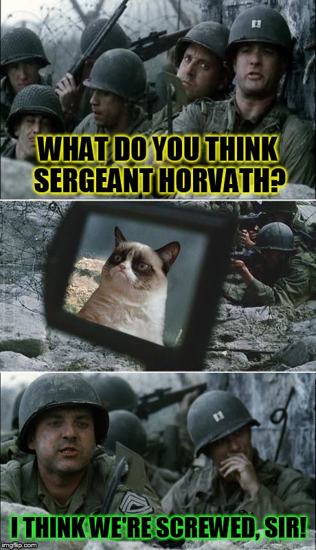 They Won't be ''Saving Private Ryan''  |  WHAT DO YOU THINK SERGEANT HORVATH? I THINK WE'RE SCREWED, SIR! | image tagged in meme,saving private ryan,grumpy cat,mission impossible,funny memes,tom hanks | made w/ Imgflip meme maker