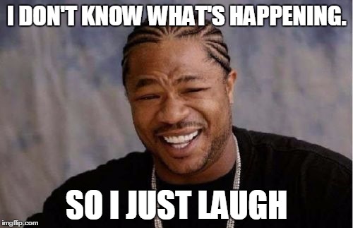 Yo Dawg Heard You Meme | I DON'T KNOW WHAT'S HAPPENING. SO I JUST LAUGH | image tagged in memes,yo dawg heard you | made w/ Imgflip meme maker