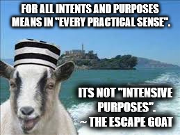 Intents and purposes | FOR ALL INTENTS AND PURPOSES MEANS IN "EVERY PRACTICAL SENSE". ITS NOT "INTENSIVE PURPOSES". ~ THE ESCAPE GOAT | image tagged in funny,escape,memes | made w/ Imgflip meme maker
