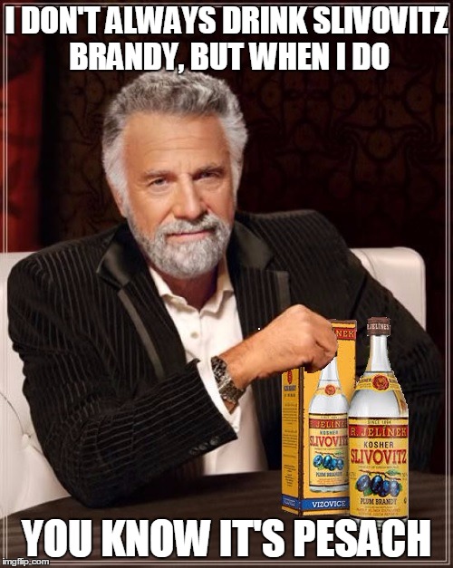 Most Interesting Man in the World Drinks Slivovitz | I DON'T ALWAYS DRINK SLIVOVITZ BRANDY, BUT WHEN I DO; YOU KNOW IT'S PESACH | image tagged in the most interesting man in the world,passover,original meme | made w/ Imgflip meme maker