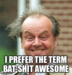 Jack Nicholson Crazy Hair | I PREFER THE TERM BAT-SHIT AWESOME | image tagged in jack nicholson crazy hair | made w/ Imgflip meme maker