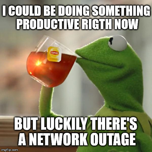 But That's None Of My Business Meme |  I COULD BE DOING SOMETHING PRODUCTIVE RIGTH NOW; BUT LUCKILY THERE'S A NETWORK OUTAGE | image tagged in memes,but thats none of my business,kermit the frog | made w/ Imgflip meme maker