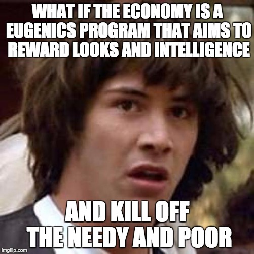 Conspiracy Keanu Meme | WHAT IF THE ECONOMY IS A EUGENICS PROGRAM THAT AIMS TO REWARD LOOKS AND INTELLIGENCE; AND KILL OFF THE NEEDY AND POOR | image tagged in memes,conspiracy keanu | made w/ Imgflip meme maker
