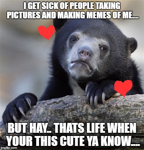 Confession Bear | I GET SICK OF PEOPLE TAKING PICTURES AND MAKING MEMES OF ME.... BUT HAY.. THATS LIFE WHEN YOUR THIS CUTE YA KNOW.... | image tagged in memes,confession bear | made w/ Imgflip meme maker