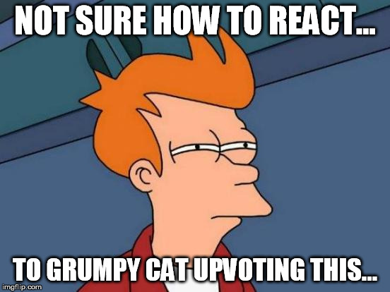 Futurama Fry Meme | NOT SURE HOW TO REACT... TO GRUMPY CAT UPVOTING THIS... | image tagged in memes,futurama fry | made w/ Imgflip meme maker