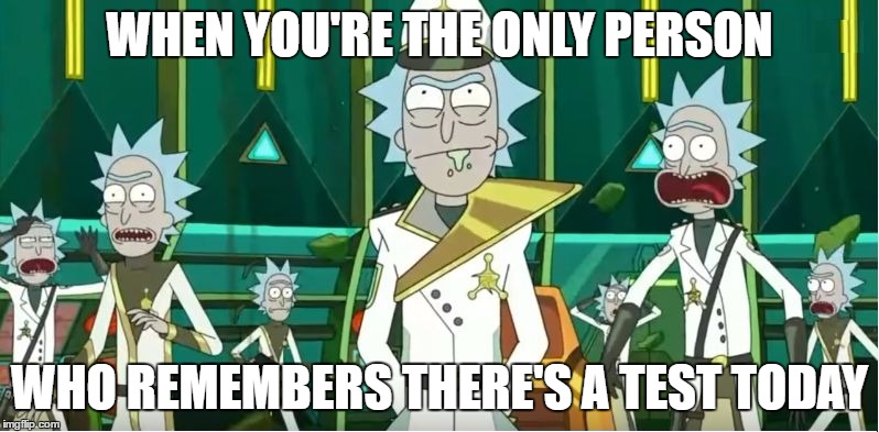 Rick Sanchez General Outfit | WHEN YOU'RE THE ONLY PERSON; WHO REMEMBERS THERE'S A TEST TODAY | image tagged in rick sanchez general outfit | made w/ Imgflip meme maker