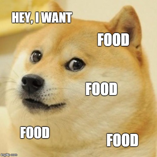 Doge | HEY, I WANT; FOOD; FOOD; FOOD; FOOD | image tagged in memes,doge | made w/ Imgflip meme maker