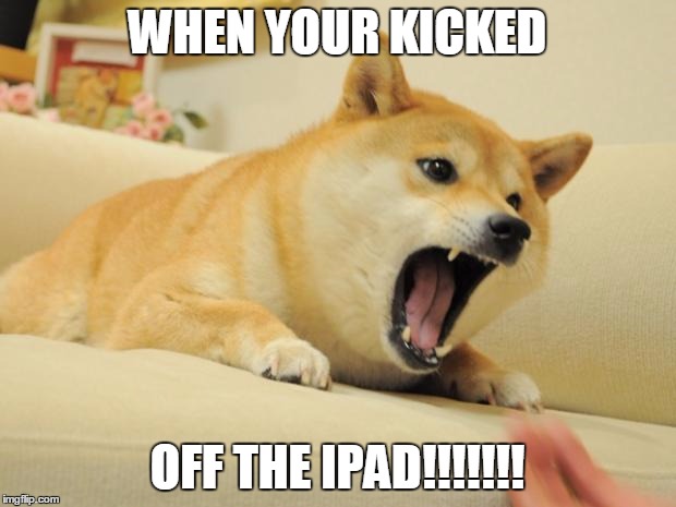 ANGRY DOGE | WHEN YOUR KICKED; OFF THE IPAD!!!!!!! | image tagged in angry doge | made w/ Imgflip meme maker