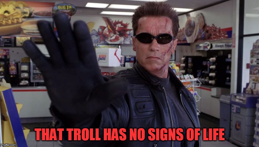 Terminator - Talk To The Hand | THAT TROLL HAS NO SIGNS OF LIFE | image tagged in terminator - talk to the hand | made w/ Imgflip meme maker