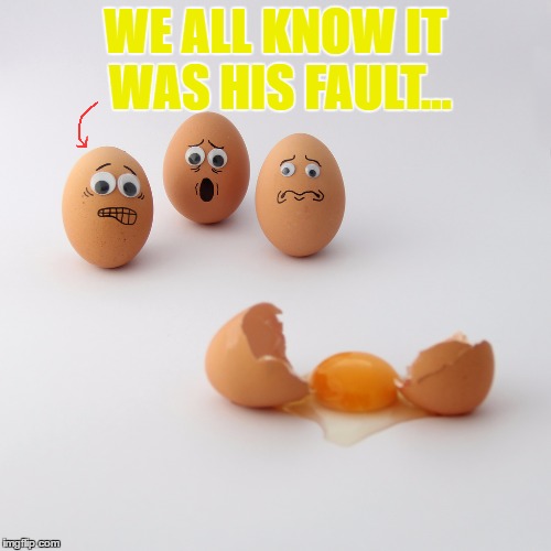 Don't break the eggs! | WE ALL KNOW IT WAS HIS FAULT... | image tagged in don't break the eggs | made w/ Imgflip meme maker
