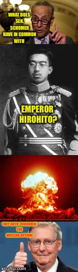 Senate confirmation of Justice Gorsuch | WHAT DOES SEN. SCHUMER HAVE IN COMMON WITH; EMPEROR HIROHITO? THEY BOTH TRIGGERED THE NUCLEAR OPTION! | image tagged in memes,senator schumer,imperial emperor japan,hirohito,nuclear option,gorsuch confirmation | made w/ Imgflip meme maker