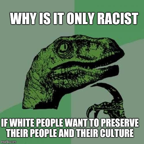 Philosoraptor Meme | WHY IS IT ONLY RACIST; IF WHITE PEOPLE WANT TO PRESERVE THEIR PEOPLE AND THEIR CULTURE | image tagged in memes,philosoraptor | made w/ Imgflip meme maker