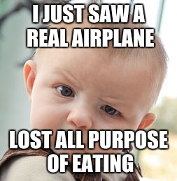 Skeptical Baby | I JUST SAW A REAL AIRPLANE; LOST ALL PURPOSE OF EATING | image tagged in memes,skeptical baby | made w/ Imgflip meme maker
