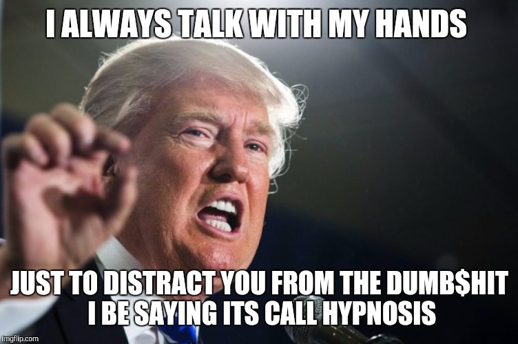 donald trump | I ALWAYS TALK WITH MY HANDS; JUST TO DISTRACT YOU FROM THE DUMB$HIT I BE SAYING ITS CALL HYPNOSIS | image tagged in donald trump | made w/ Imgflip meme maker