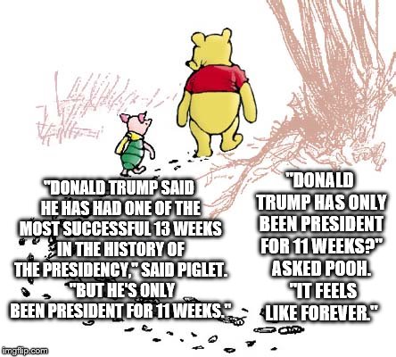 pooh | "DONALD TRUMP HAS ONLY BEEN PRESIDENT FOR 11 WEEKS?" ASKED POOH.  "IT FEELS LIKE FOREVER."; "DONALD TRUMP SAID HE HAS HAD ONE OF THE MOST SUCCESSFUL 13 WEEKS IN THE HISTORY OF THE PRESIDENCY," SAID PIGLET.  "BUT HE'S ONLY BEEN PRESIDENT FOR 11 WEEKS." | image tagged in pooh | made w/ Imgflip meme maker