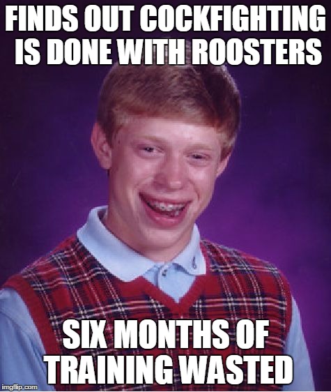 Bad Luck Brian | FINDS OUT COCKFIGHTING IS DONE WITH ROOSTERS; SIX MONTHS OF TRAINING WASTED | image tagged in memes,bad luck brian | made w/ Imgflip meme maker