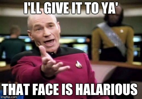 Picard Wtf Meme | I'LL GIVE IT TO YA' THAT FACE IS HALARIOUS | image tagged in memes,picard wtf | made w/ Imgflip meme maker
