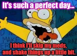 Spring In Arizona: | It's such a perfect day... I think I'll skip my meds, and shake things up a little bit. | image tagged in homer going crazy,memes | made w/ Imgflip meme maker