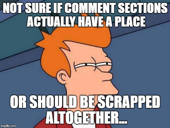 Futurama Fry | NOT SURE IF COMMENT SECTIONS ACTUALLY HAVE A PLACE; OR SHOULD BE SCRAPPED ALTOGETHER... | image tagged in memes,futurama fry | made w/ Imgflip meme maker