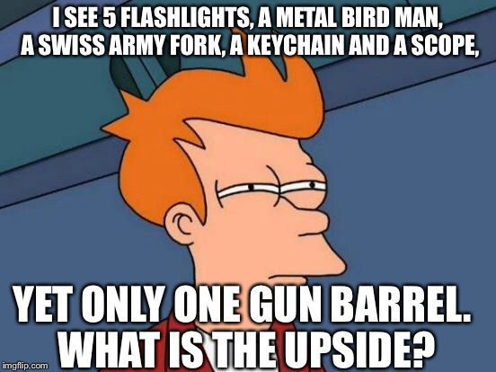 Futurama Fry Meme | I SEE 5 FLASHLIGHTS, A METAL BIRD MAN, A SWISS ARMY FORK, A KEYCHAIN AND A SCOPE, YET ONLY ONE GUN BARREL. WHAT IS THE UPSIDE? | image tagged in memes,futurama fry | made w/ Imgflip meme maker