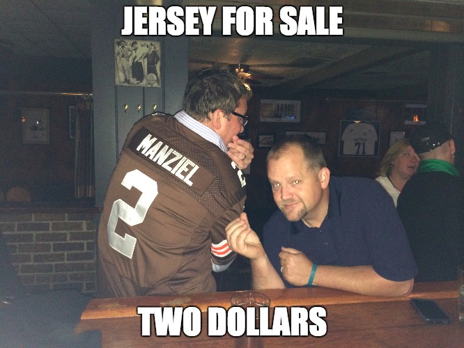 Manziel's Comeback | JERSEY FOR SALE; TWO DOLLARS | image tagged in johnny manziel,cleveland browns,nfl memes,drugs are bad,spoiled brat,michigan sucks | made w/ Imgflip meme maker