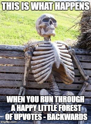 Waiting Skeleton Meme | THIS IS WHAT HAPPENS WHEN YOU RUN THROUGH A HAPPY LITTLE FOREST OF UPVOTES - BACKWARDS | image tagged in memes,waiting skeleton | made w/ Imgflip meme maker