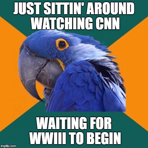 Paranoid Parrot Meme | JUST SITTIN' AROUND WATCHING CNN; WAITING FOR WWIII TO BEGIN | image tagged in memes,paranoid parrot | made w/ Imgflip meme maker